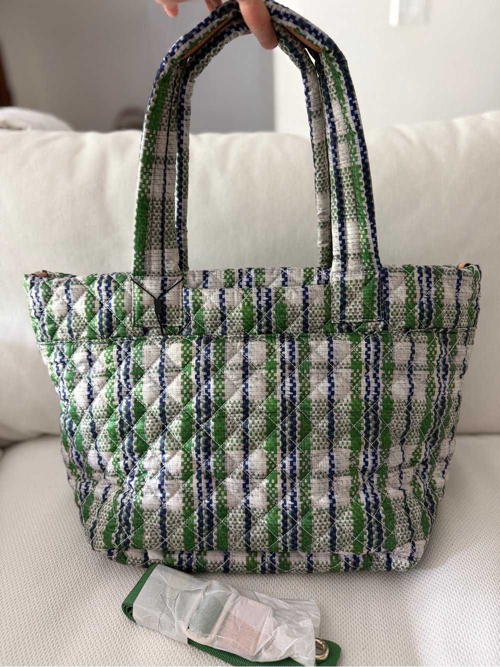 MZ Wallace Quilted Green, White & Navy Plaid Tote